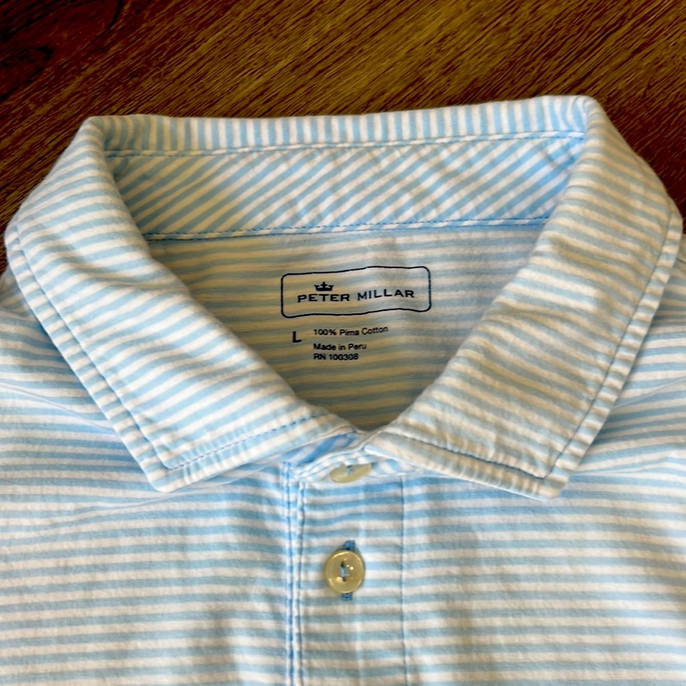 Peter Millar light blue and white polo. Size Large. 100% Pima Cotton